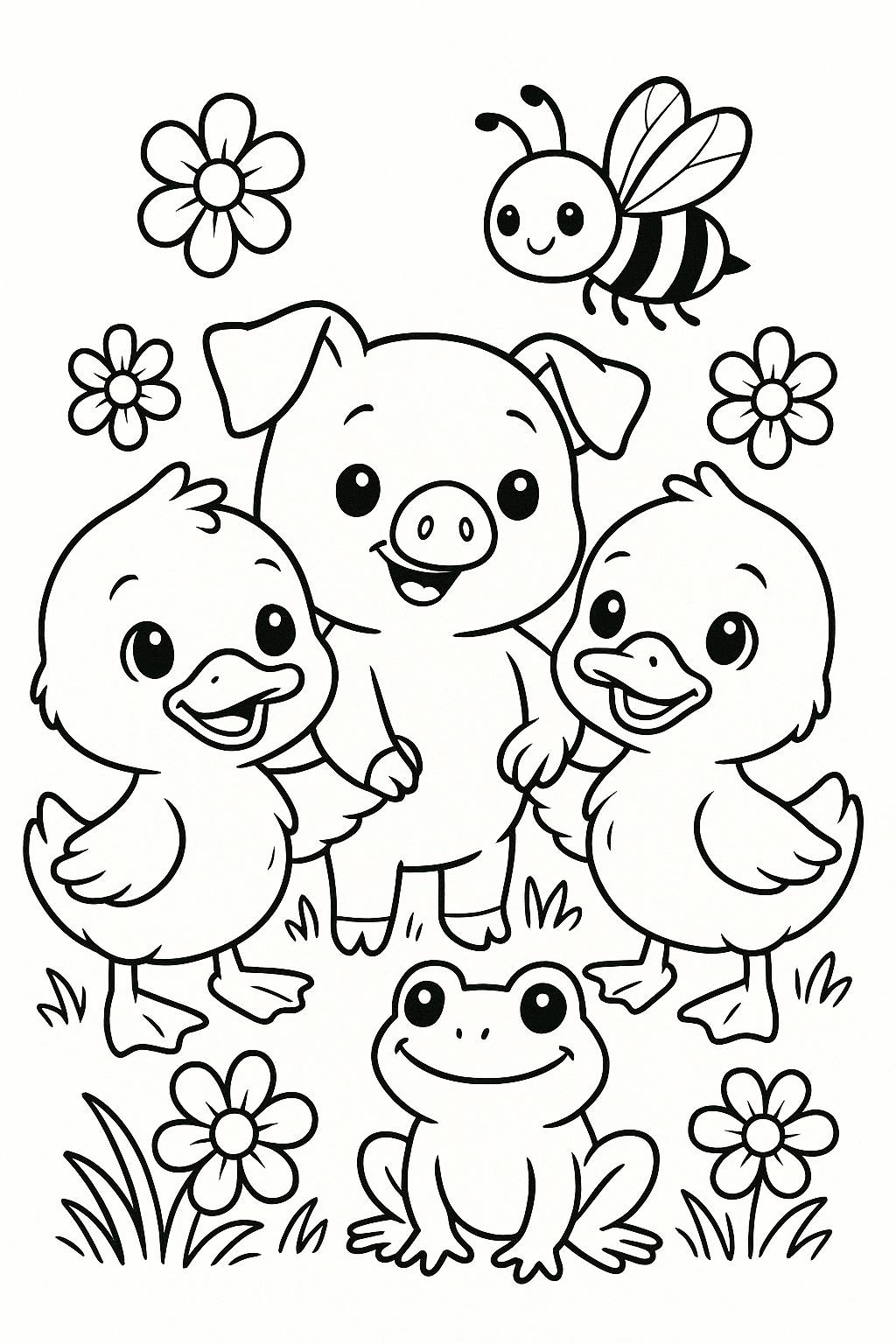 Cute duckling friends with a pig and frog and a bee / Coloring Page